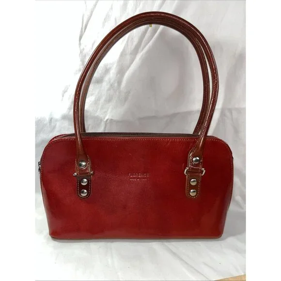 Christian Florence Made In Italy Leather HandBag Red With Brown Handle Dust Bag - Picture 2 of 15